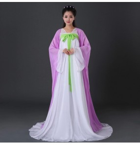 Purple violet green yellow light pink patchwork women's ladies female stage performance cos play long length princess Chinese folk style dynasty fairy ancient traditional hanfu dresses outfit clothes robe 